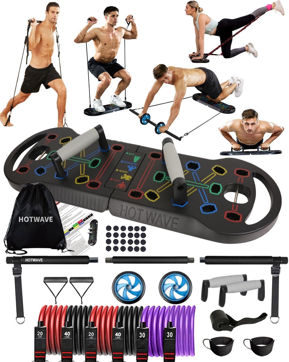 HOTWAVE Portable Exercise Equipment with 16 Gym Accessories.20 in 1 Push Up Board Fitness,Resistance Bands with Ab Roller Wheel,Home Workout for Men