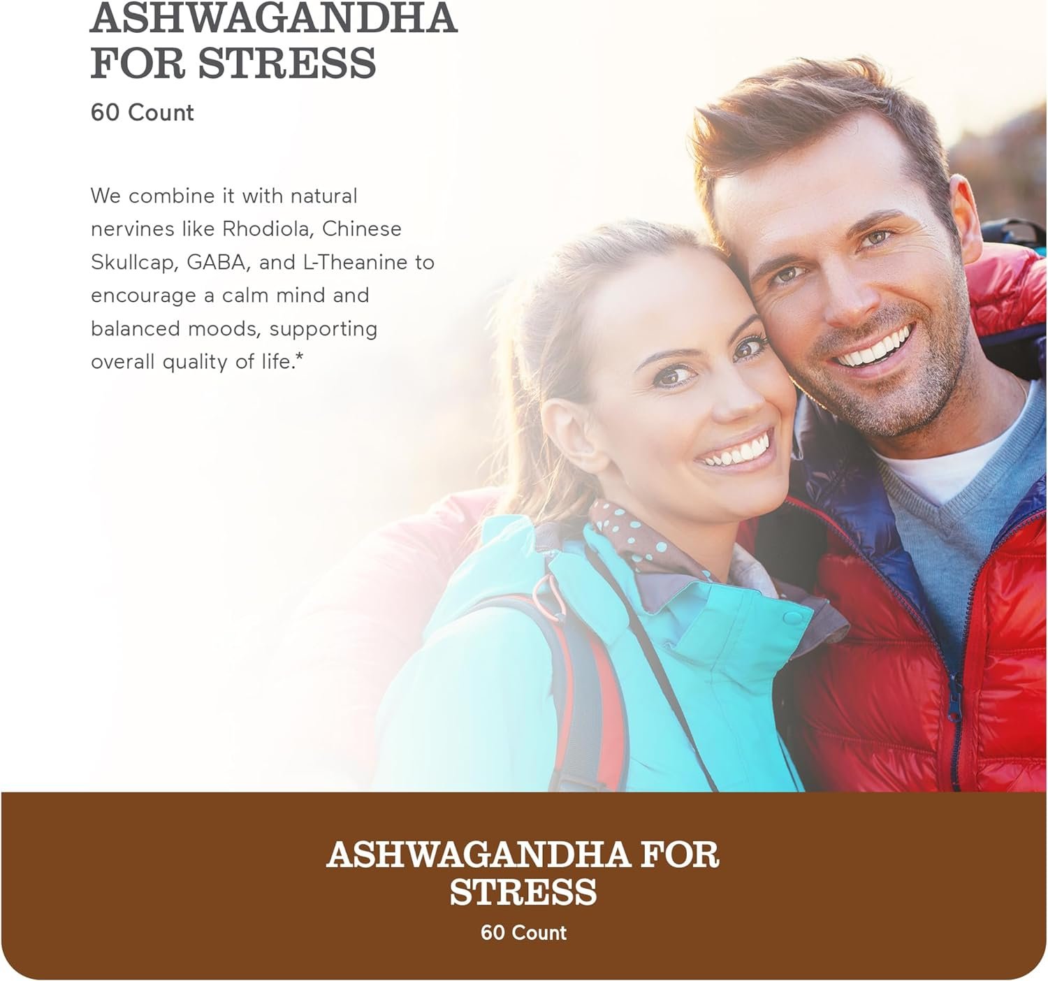 NatureWise Ashwagandha for Stress | Calming KSM-66 Herbal Supplement Extract + GABA, L-Theanine, Rhodiola Rosea, Light Brown, 60 Count