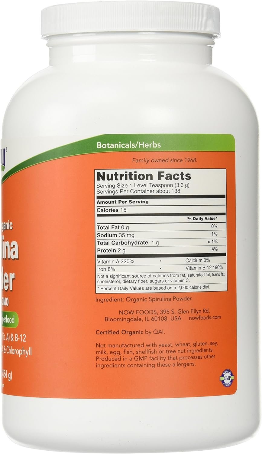 NOW Supplements, Certified Organic, Spirulina Powder, Rich in Beta-Carotene (Vitamin A) and B-12 with naturally occurring GLA  Chlorophyll, 1-Pound