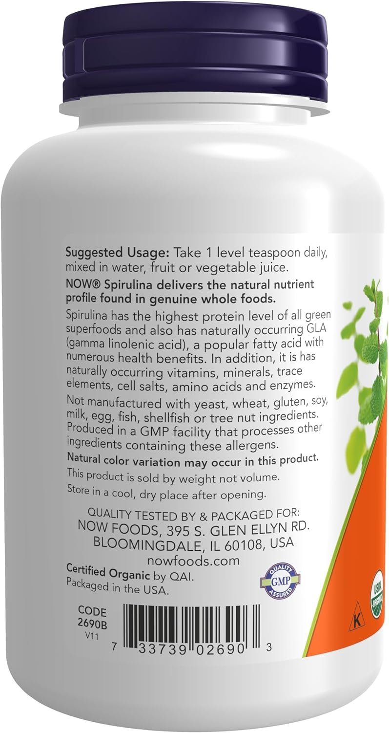 NOW Supplements, Certified Organic, Spirulina Powder, Rich in Beta-Carotene (Vitamin A) and B-12 with naturally occurring GLA  Chlorophyll, 1-Pound