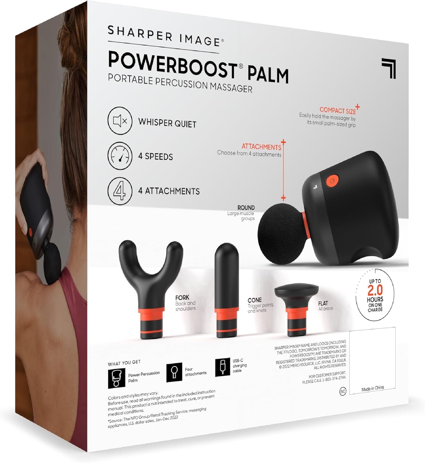 Sharper Image® Powerboost® Palm Portable Percussion Massager, 4 Attachments, Lightweight Travel, Whisper Quiet, Full Body Deep Tissue Tension Soreness Pain Relief  Recovery, USB-C Rechargeable Gift