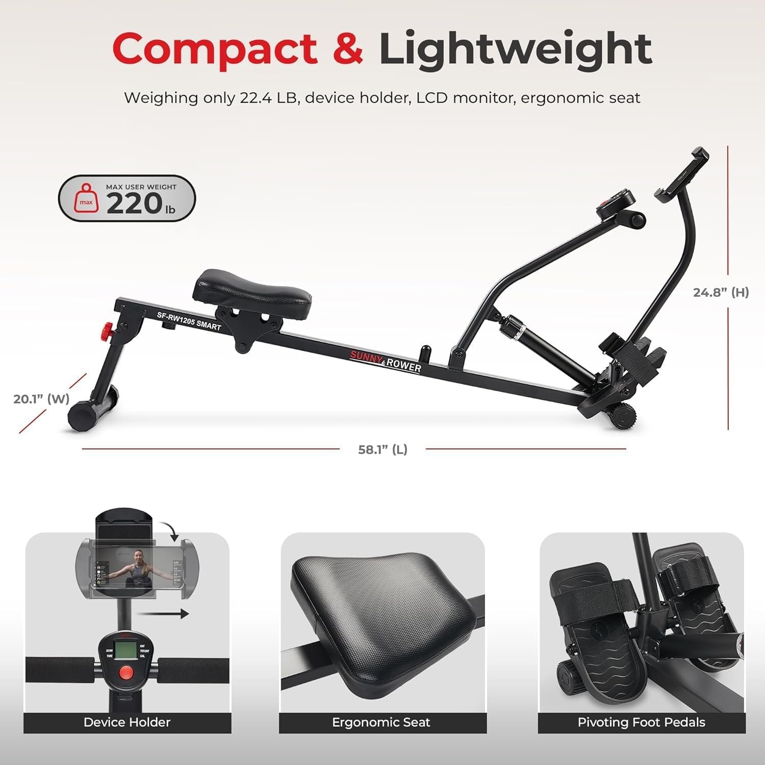 Sunny Health  Fitness Compact Adjustable Rowing Machine with 12 Levels of Complete Body Workout Resistance and Optional SunnyFit App Enhanced Connectivity