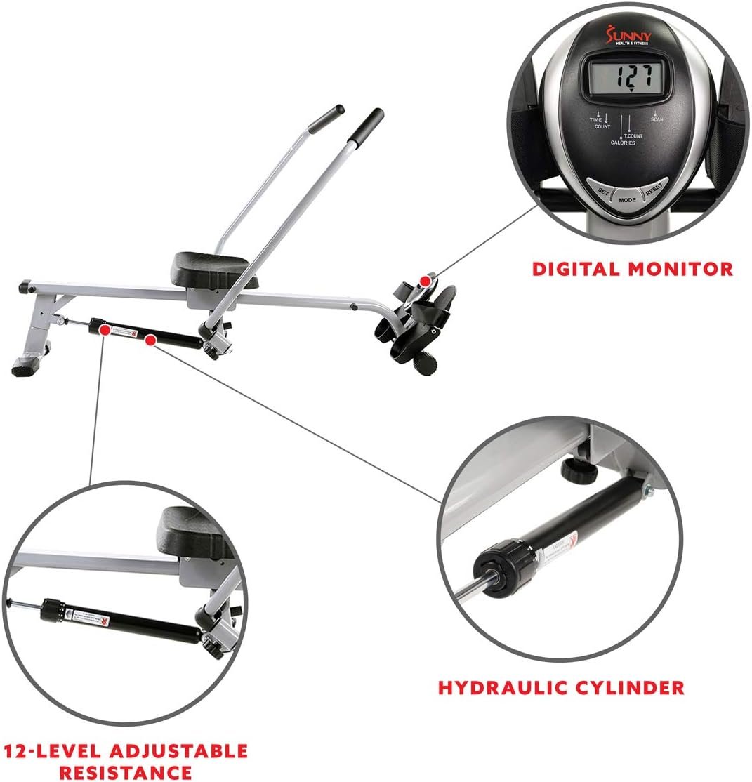 Sunny Health  Fitness Smart Compact Full Motion Rowing Machine, Full-Body Workout, Low-Impact, Extra-Long Rail, 350 LB Weight Capacity and Optional SunnyFit® App Enhanced Connectivity