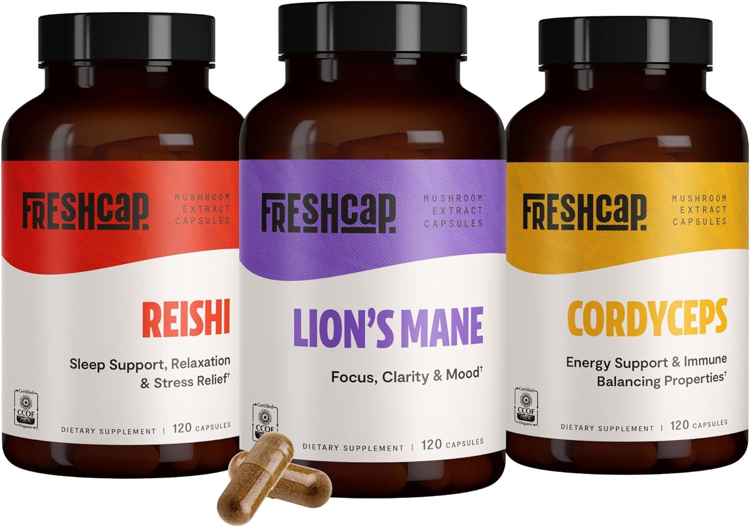 FreshCap, Brain, Energy, and Vitality Bundle (Lions Mane Capsules, Reishi Capsules, Cordyceps Capsules)