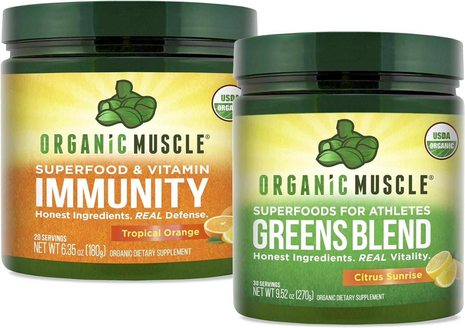 Organic Muscle Bundle - Immune Support Supplement (Tropical Orange) + Superfood Greens Powder for Health  Vitality (Lemon Flavor) - USDA Certified Organic