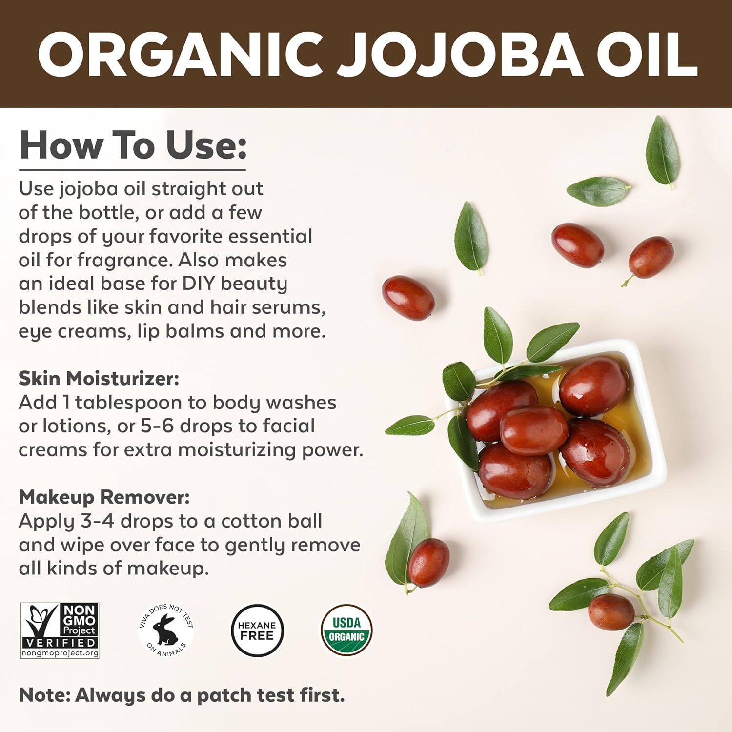 Viva Naturals Organic Jojoba Oil - 100% Pure Cold Pressed for Skin and Hair, USDA Certified Face Moisturizer, 4 fl. oz