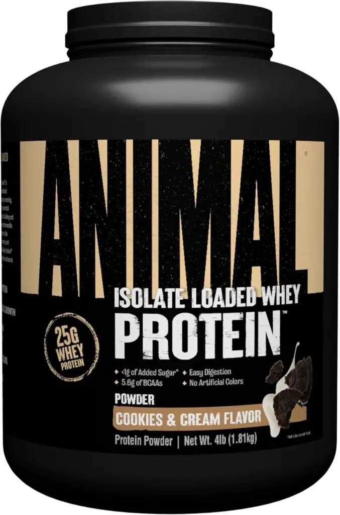 Animal Whey Isolate Protein Powder - Loaded for Pre  Post Workout Muscle Builder and Recovery with Digestive Enzymes for Men  Women - 25g Protein, Great Taste, Low Sugar - Cookies  Cream 4 lbs