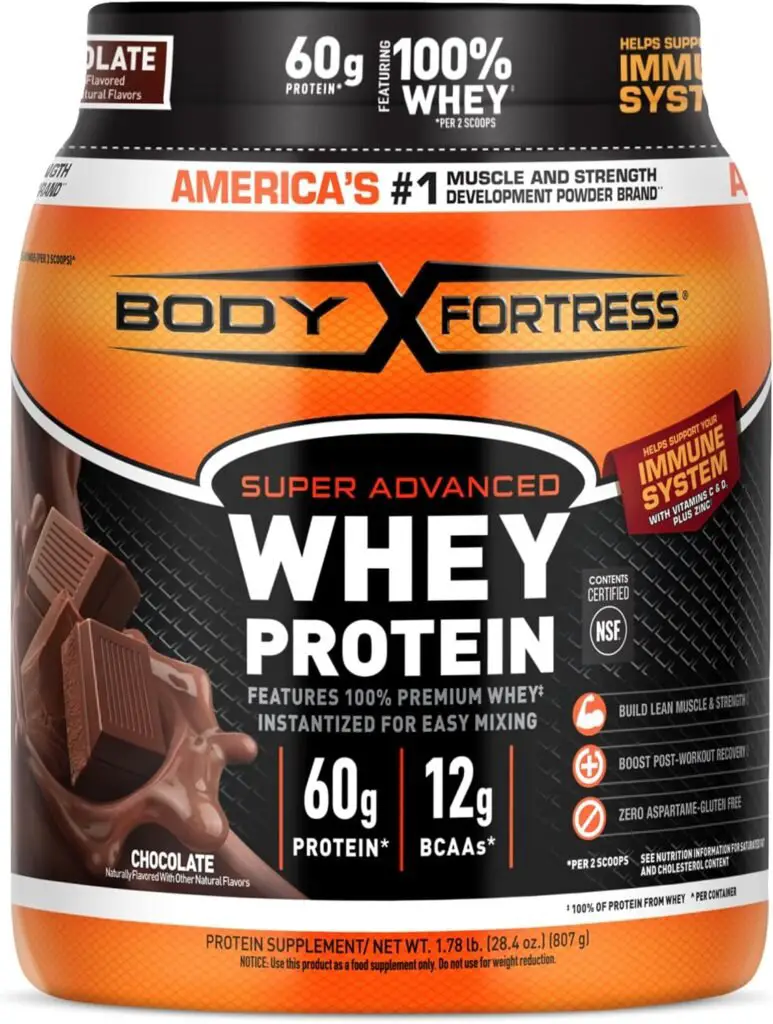 Body Fortress Super Advanced Whey Protein Powder, Chocolate, Immune Support (1), Vitamins C  D Plus Zinc, 1.78 lbs (Packaging May Vary)