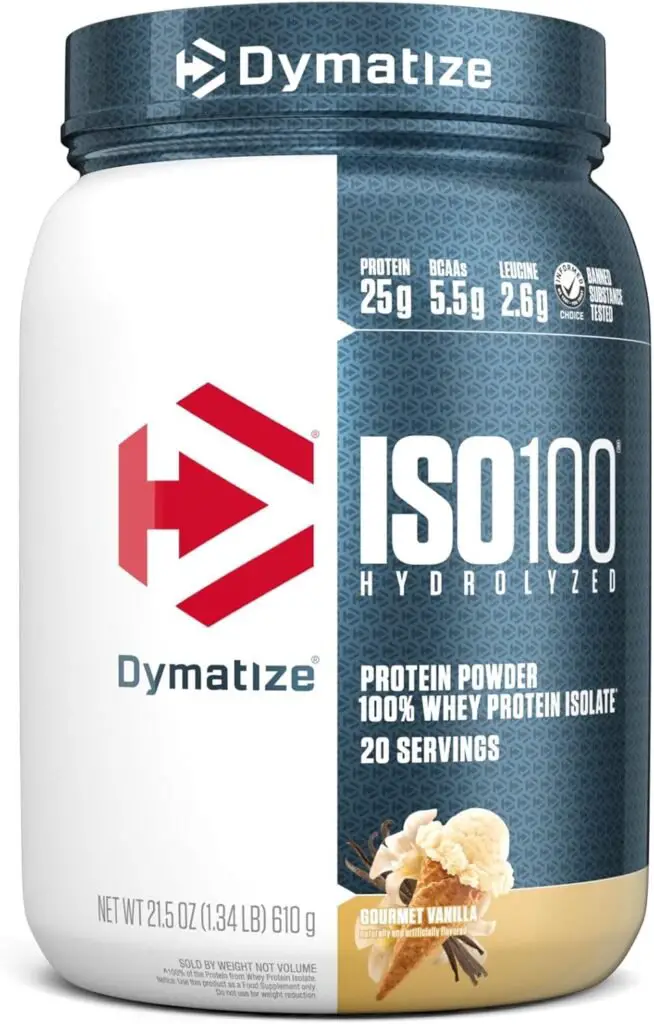 Dymatize ISO100 Hydrolyzed Protein Powder, 100% Whey Isolate Protein, 25g of Protein, 5.5g BCAAs, Gluten Free, Fast Absorbing, Easy Digesting, Gourmet Vanilla, 20 servings