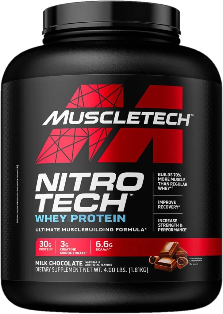 Muscletech Whey Protein Powder (Milk Chocolate, 4 Pound) - Nitro-Tech Muscle Building Formula with Whey Protein Isolate  Peptides - 30g of Protein, 3g of Creatine  6.6g of BCAA