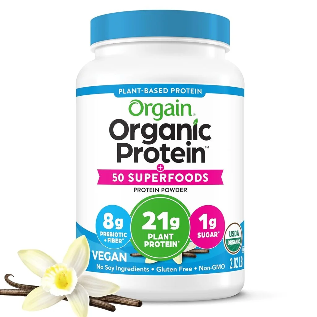 Orgain Organic Vegan Protein + 50 Superfoods Powder, Vanilla Bean - 21g Plant Based Protein, 8g Prebiotic Fiber, No Lactose Ingredients, Gluten Free, No Added Sugar, Non-GMO, 2.02 lb