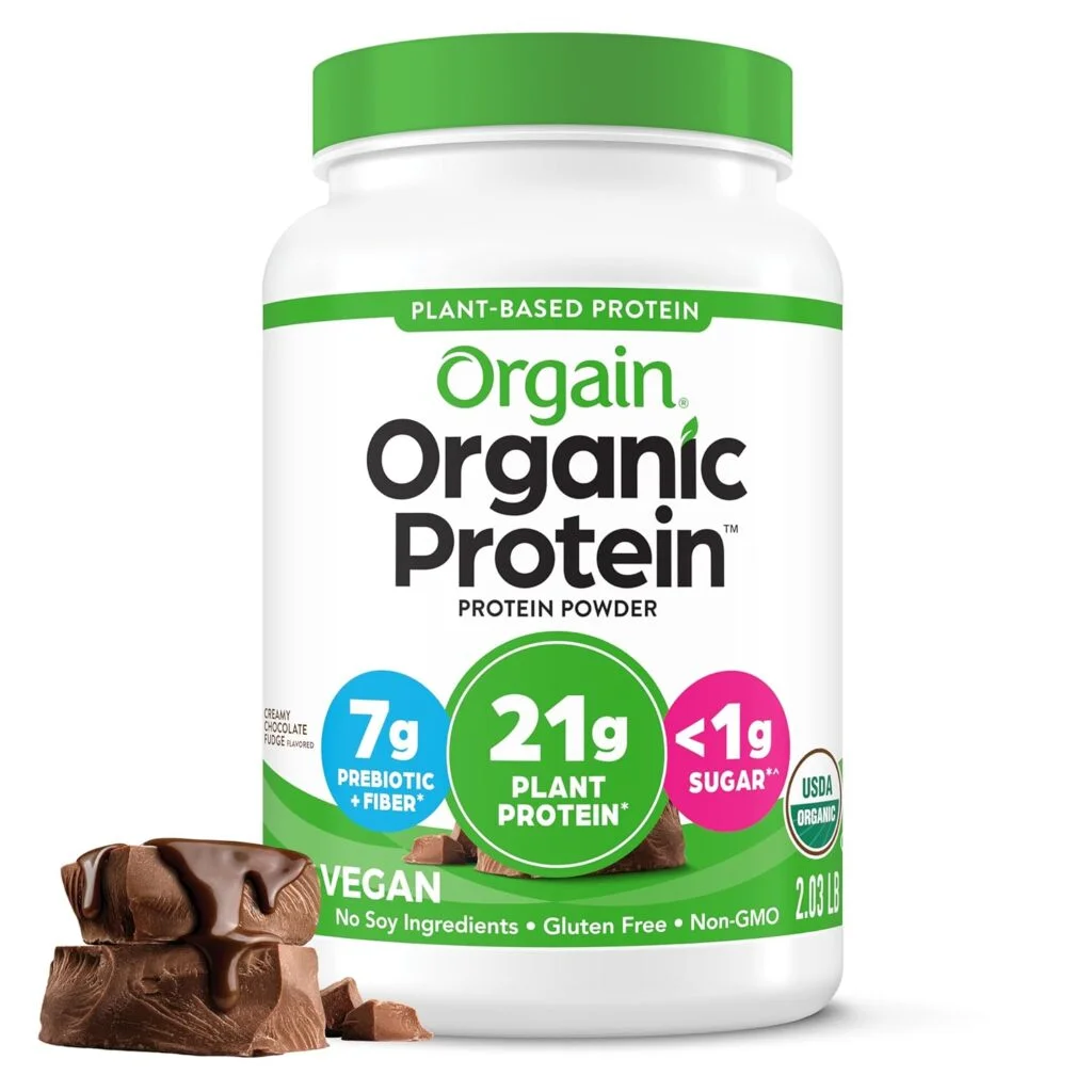 Orgain Organic Vegan Protein Powder, Creamy Chocolate Fudge - 21g Plant Protein, 6g Prebiotic Fiber, Low Net Carb, No Lactose Ingredients, No Added Sugar, Non-GMO, For Shakes  Smoothies, 2.03 lb