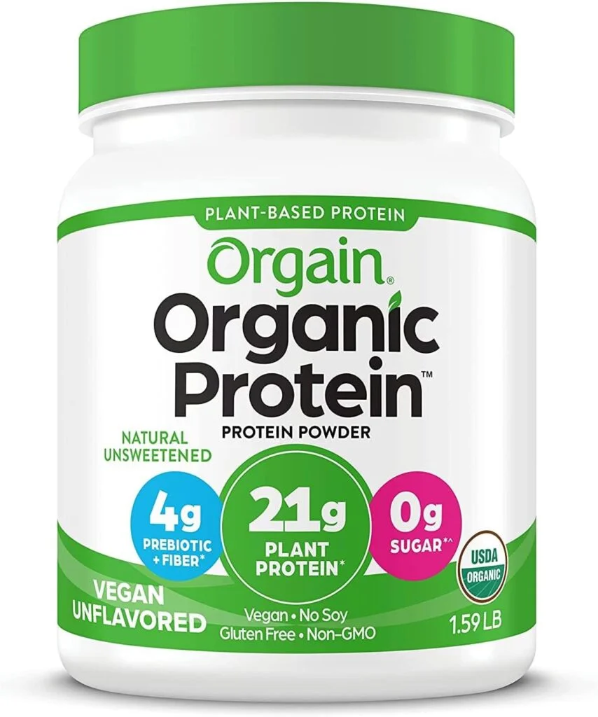 Orgain Organic Vegan Protein Powder, Natural Unsweetened - 21g of Plant Protein, 4g Prebiotic Fiber, Low Net Carbs, No Lactose Ingredients, No Added Sugar, Non-GMO, For Shakes  Smoothies, 1.59 lb