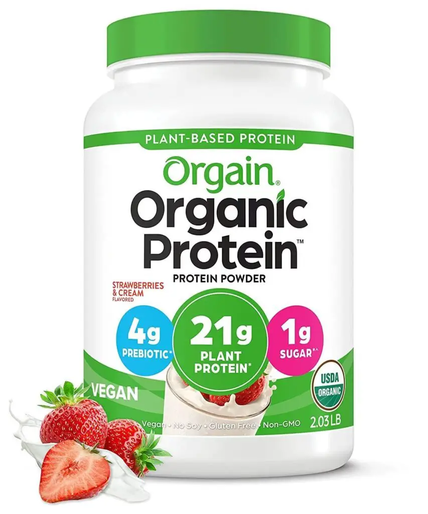 Orgain Organic Vegan Protein Powder, Strawberries Cream - 21g Plant Based Protein, 4g Prebiotic Fiber, Low Net Carb, No Lactose Ingredients, No Added Sugar, Non-GMO, For Shakes Smoothies, 2.03 lb