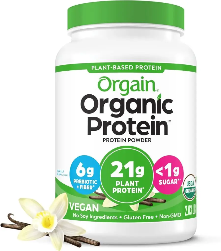 Orgain Organic Vegan Protein Powder, Vanilla Bean - 21g Plant Protein, 6g Prebiotic Fiber, No Lactose Ingredients, No Added Sugar, Non-GMO, For Shakes  Smoothies, 2.03 lb (Packaging May Vary)