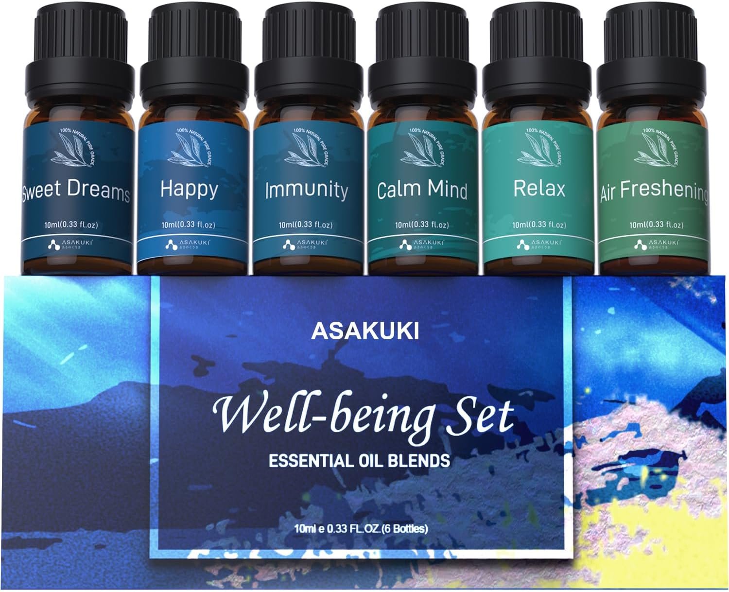 ASAKUKI Essential Oil Blends, Essential Oils Set for Diffusers for Home, Well-Being Kit- Calming, Dreams, Breathe, Relaxing, Mood, Fresh Air for Aromatherapy, Humidifiers, Massage, 6x10ml