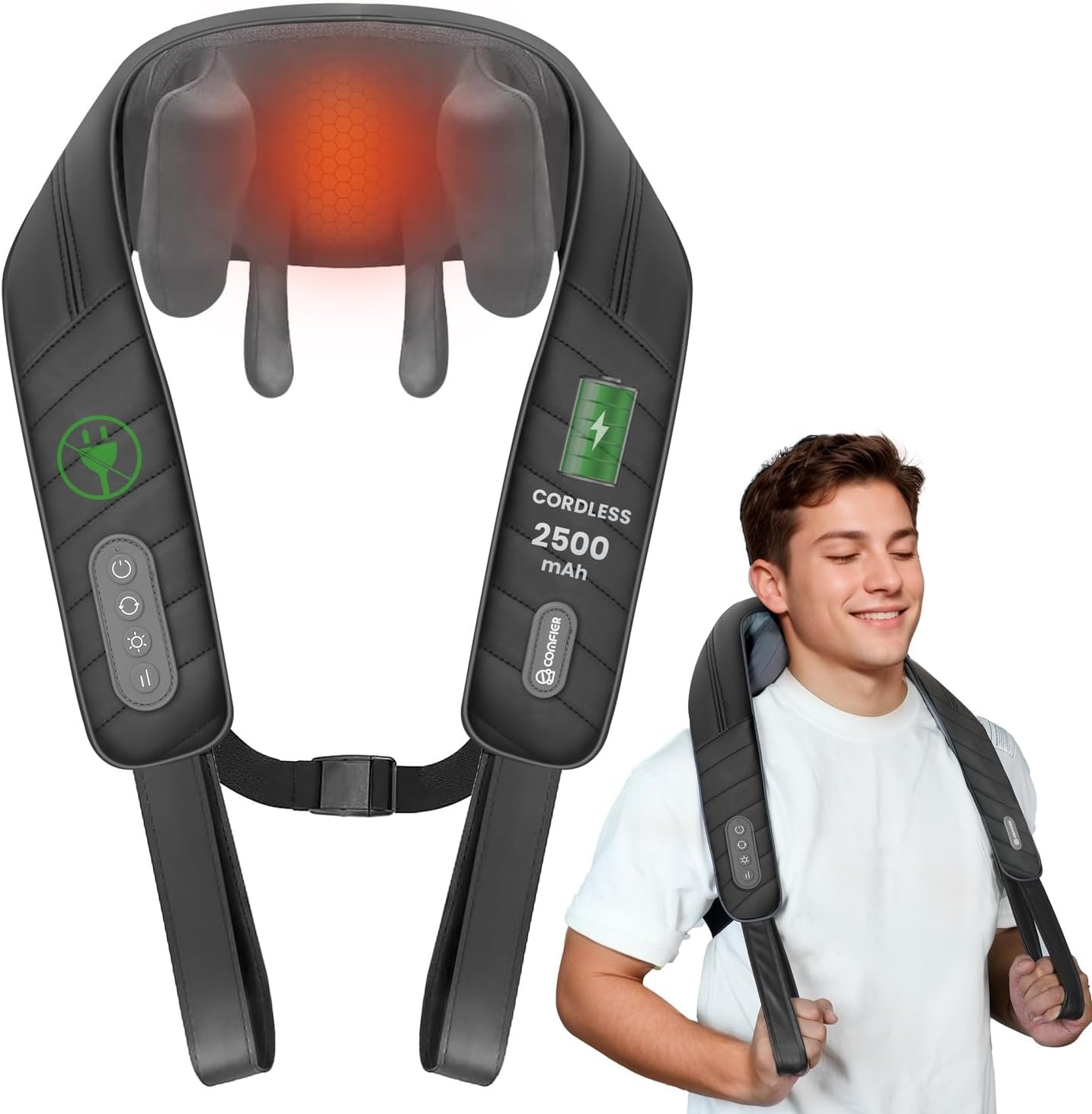 COMFIER Cordless Neck Shoulder Massager with Heat, Shiatsu Neck Back Massager for Pain Deep Tissue, 4D Kneading Massager for Neck Shoulder, Gifts for Him/Her