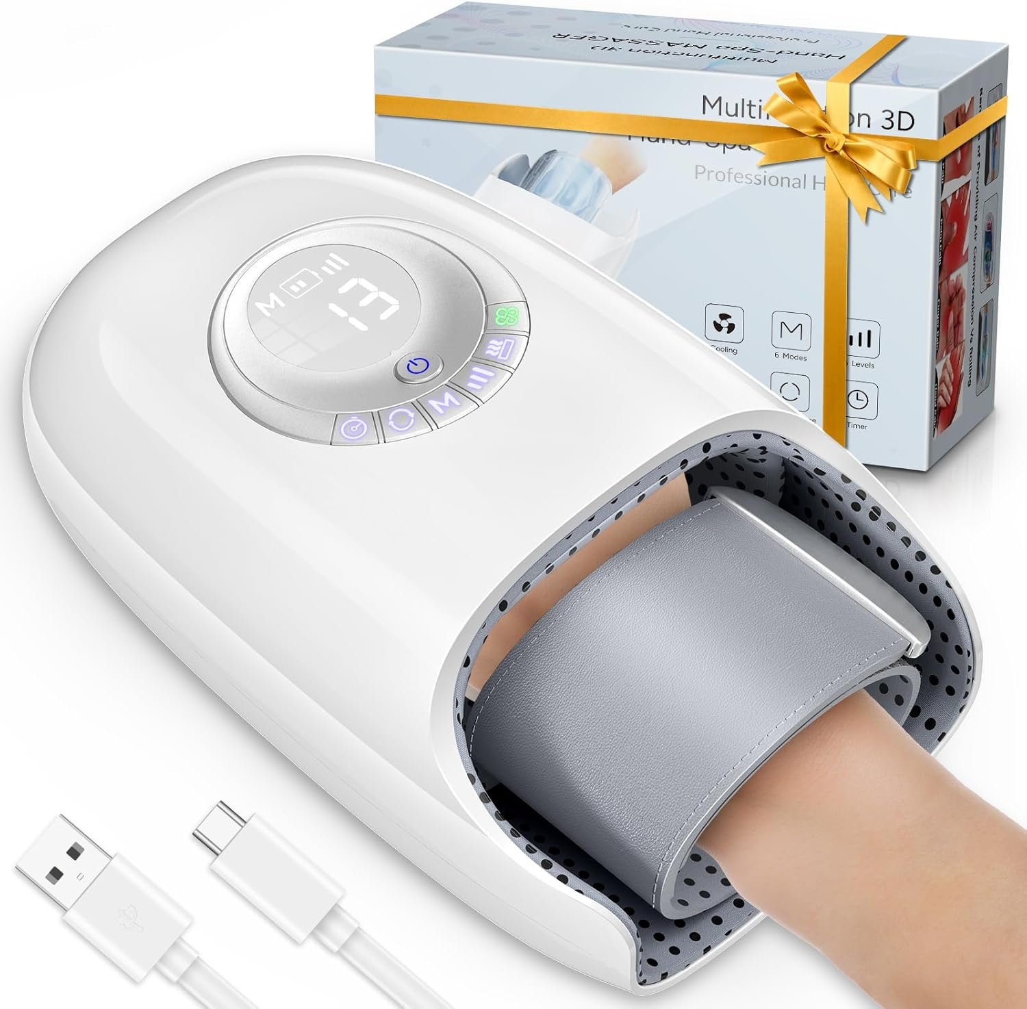 Hand Massager with Heat and Compression, 3D Machine for Arthritis and Carpal Tunnel Syndrome Relief, 6 Levels Pressure Point Massage, Wrist and Palm Kneading with Blowing Mode, Gifts for Women, White