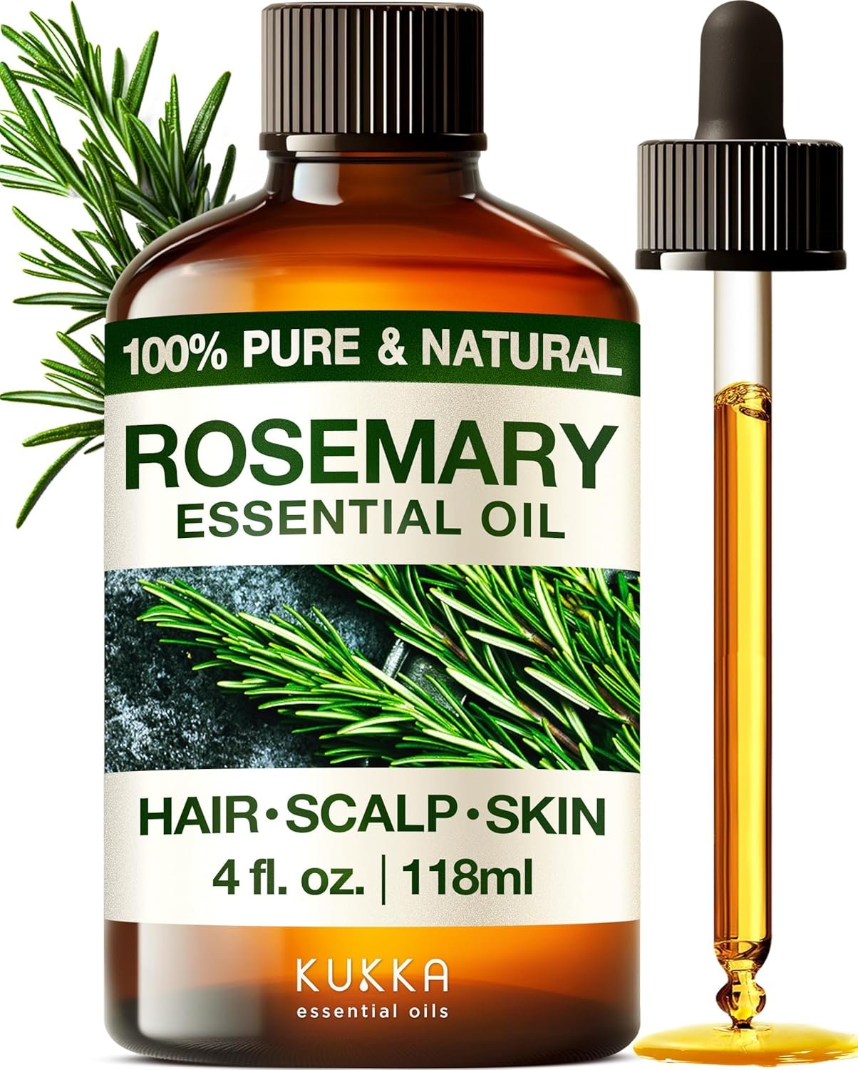 Kukka Rosemary Oil for Hair - 4 Fl Oz - 100% Pure Natural Rosemary Essential Oil - A Great Addition for Shampoo  Scalp Treatments - Made for Hair Care, Skin, Diffusers, Aromatherapy  DIY Soap Making