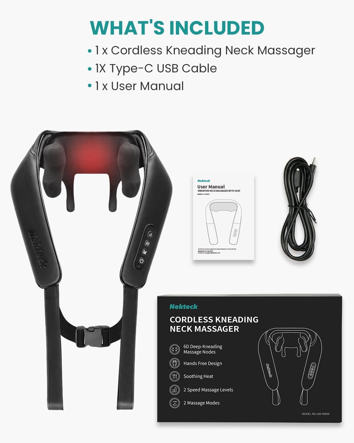 Nekteck Neck Massager, Cordless 6D Shiatsu Neck and Back Massager, Neck Massager for Pain Relief Deep Tissue, Ideal Gift for Men and Women, Ideal for Home, Office and Car, with Heat, Black