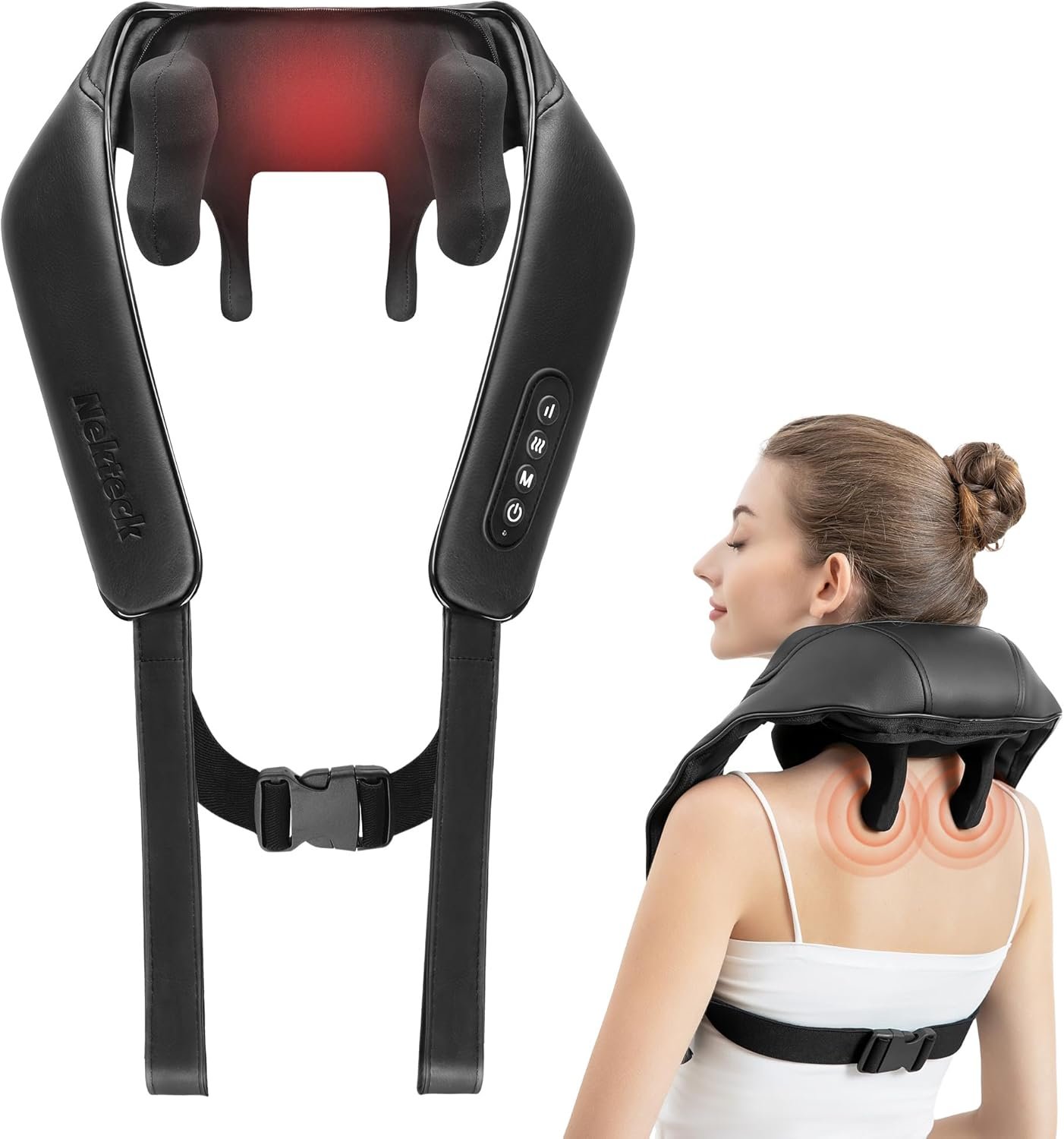 Nekteck Neck Massager, Cordless 6D Shiatsu Neck and Back Massager, Neck Massager for Pain Relief Deep Tissue, Ideal Gift for Men and Women, Ideal for Home, Office and Car, with Heat, Black