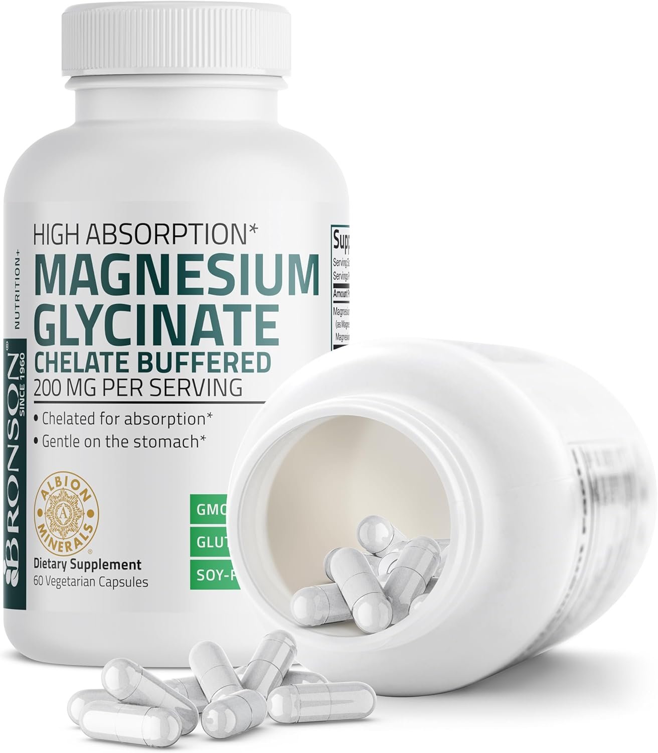 Bronson Magnesium Glycinate 200 MG per Serving Chelated for High Absorption, Gentle On Stomach, Non-GMO, 60 Vegetarian Capsules Bronson Magnesium Glycinate 200 MG per Serving Chelated for High Absorption, Gentle On Stomach, Non-GMO, 60 Vegetarian Capsules