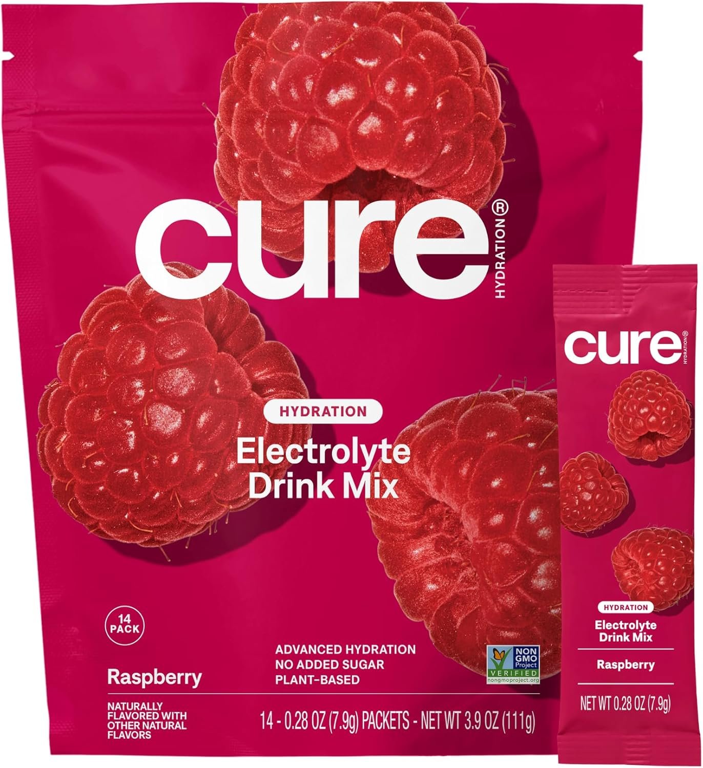 Cure Hydration | Plant-Based Electrolyte Drink Mix | No Added Sugar | Dehydration Relief Powder Made with Coconut Water | Non-GMO | Vegan | Pouch of 14 Packets - Raspberry
