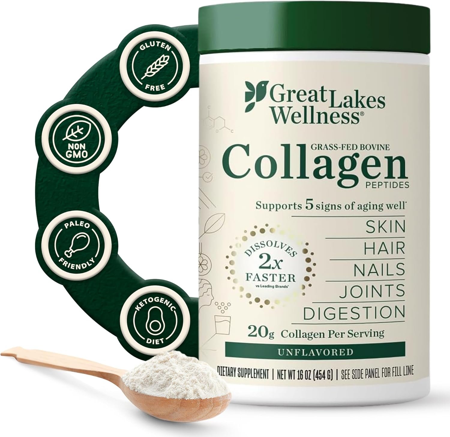 Great Lakes Wellness Collagen Peptides Powder – Supports Skin, Hair, Nails, Joints  Digestion – Hydrolyzed, Quick Dissolve, Non-GMO, Keto  Kosher – Pure Collagen Protein (16 oz, 22 Servings)