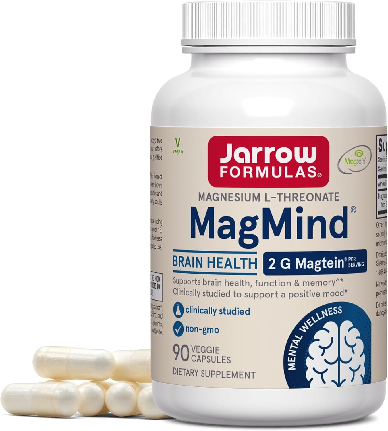 Jarrow Formulas Magnesium L-Threonate, MagMind Magtein Magnesium Supplement, Brain Supplements for Memory Support, 90 Veggie Capsules, Up to a 30 Day Supply Jarrow Formulas Magnesium L-Threonate, MagMind Magtein Magnesium Supplement, Brain Supplements for Memory Support, 90 Veggie Capsules, Up to a 30 Day Supply