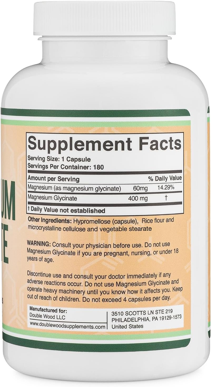 Magnesium Glycinate 400mg | 180 Capsules | Sleep, Muscle,  Heart Support | Vegan, Third Party Tested, Gluten Free, Non-GMO, by Double Wood Supplements