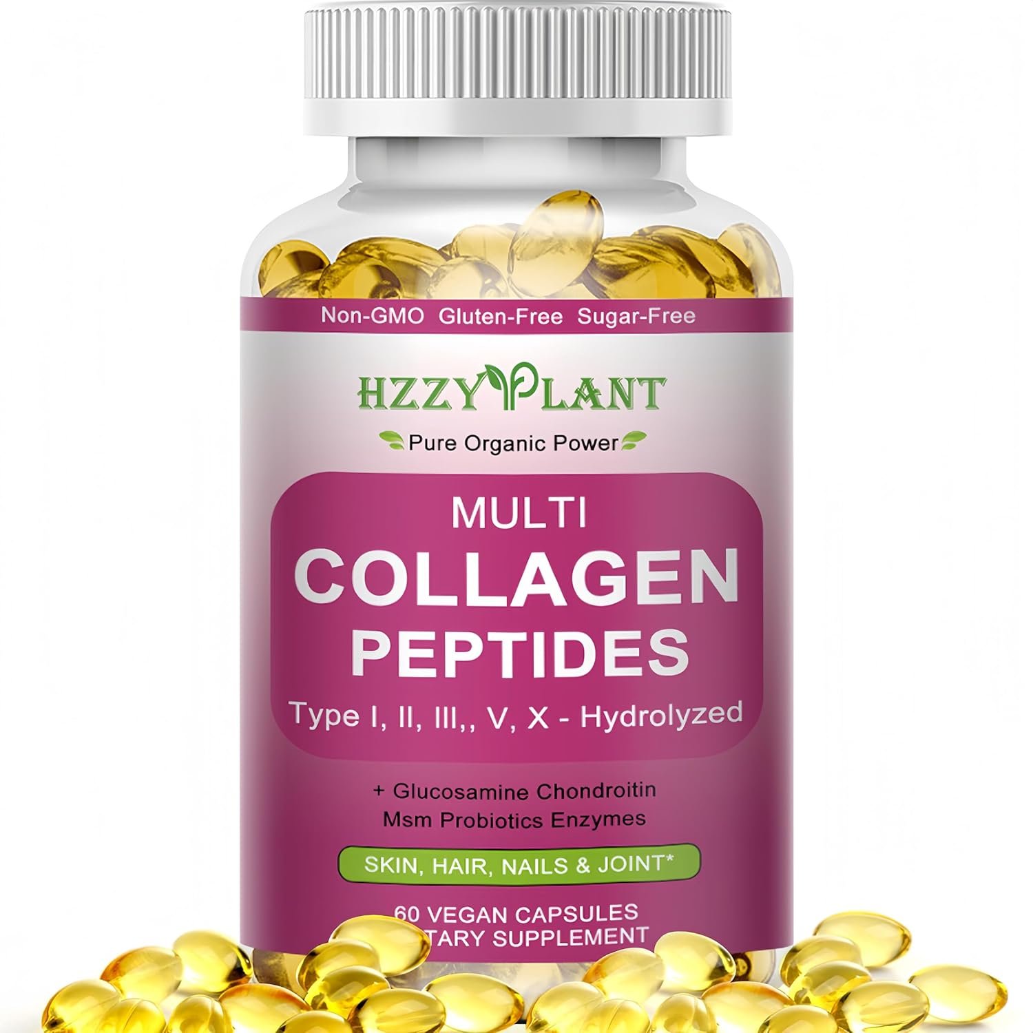 Multi Collagen Peptides Softgel - Type I, II, III, V, X - Hydrolyzed Collagen Peptides with Biotin Vitamin C Hyaluronic Acid for Women  Men, Supports Skin Hair Nail  Joint, Non-GMO, 60 Servings