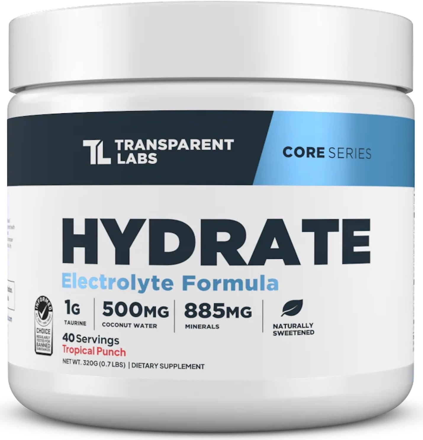 Transparent Labs Hydrate Naturally Sweetened Electrolytes Powder - Hydration Powder Electrolytes with Coconut Water, Calcium, Taurine,  Potassium - 40 Servings, Tropical Punch