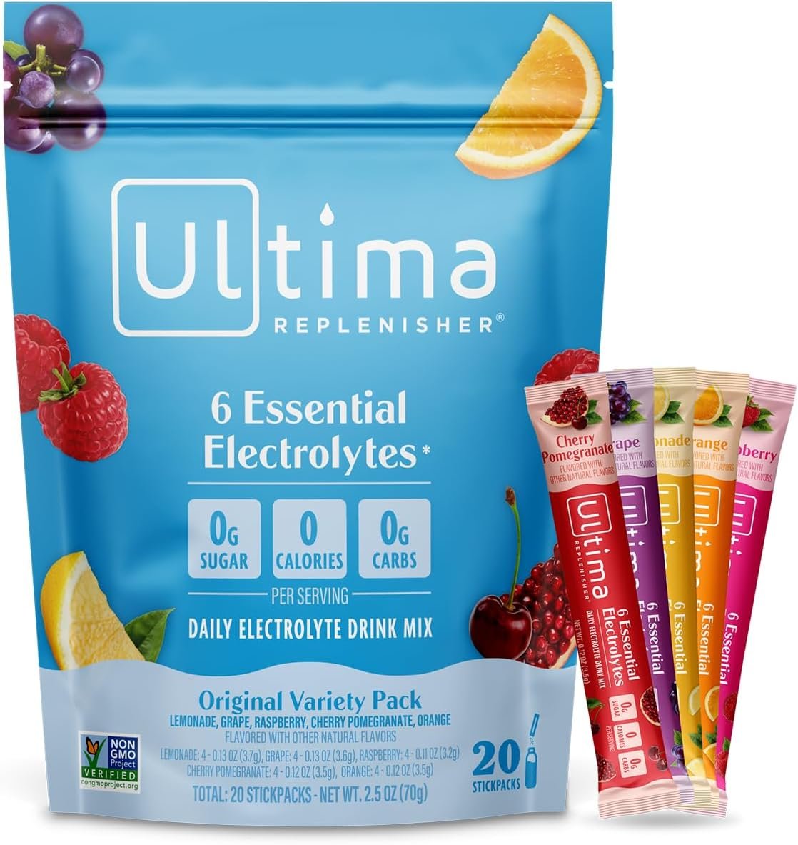 Ultima Replenisher Daily Electrolyte Powder – Original Variety Pack, 20 Stickpacks – Zero Sugar Hydration Packets with 6 Electrolytes and Minerals – Sugar Free, Plant Based  Keto Friendly​ Drink Mix