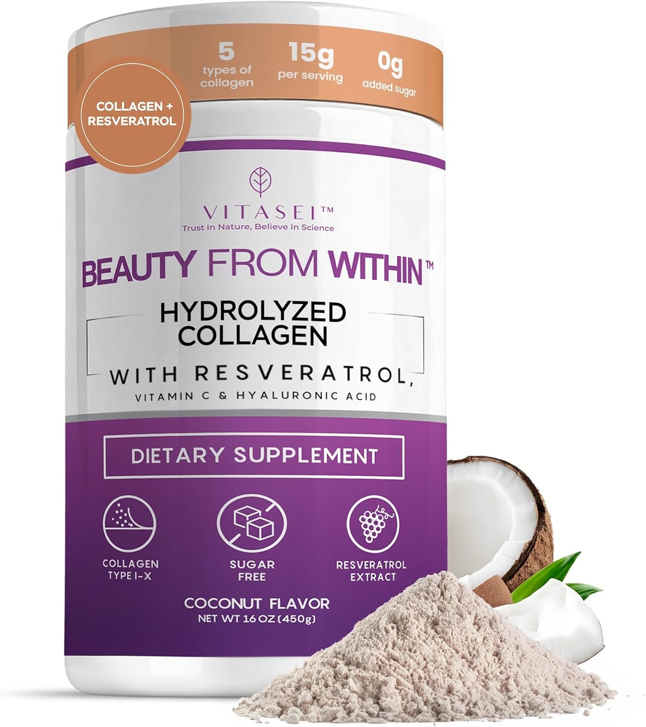 VITASEI Hydrolyzed Collagen Peptides Powder with Resveratrol  Vitamin C – Hair, Skin  Joint Support with Hyaluronic Acid – Colágeno Hidrolizado for Women  Men – Coconut Flavor, 16 oz (30 Servings)