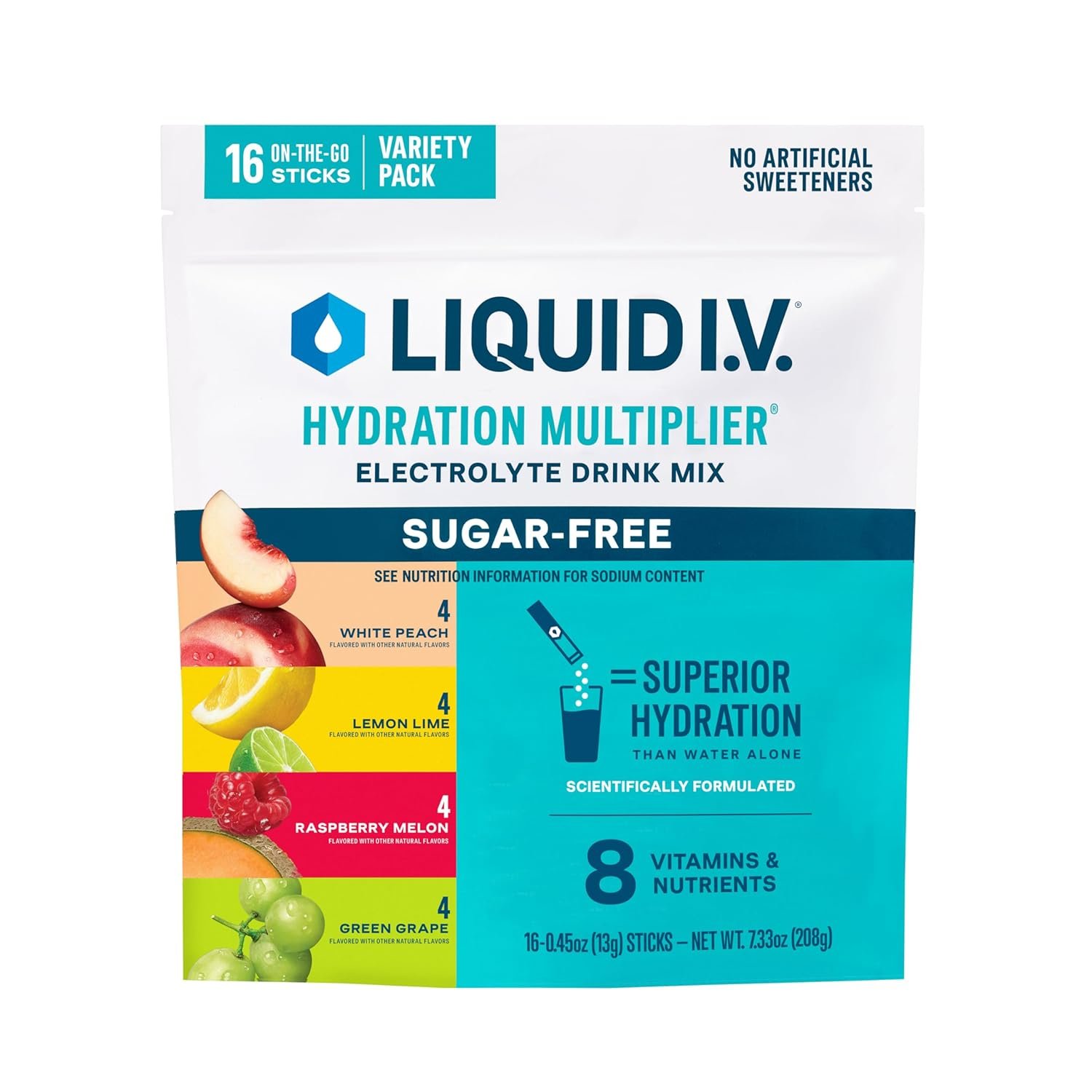 Liquid I.V.® Hydration Multiplier Sugar-Free Variety Pack - Raspberry Melon, Lemon Lime, White Peach, Green Grape | Electrolyte Powder Drink Mix | Pack (16 Servings) Liquid I.V.® Hydration Multiplier Sugar-Free Variety Pack - Raspberry Melon, Lemon Lime, White Peach, Green Grape | Electrolyte Powder Drink Mix | Pack (16 Servings)