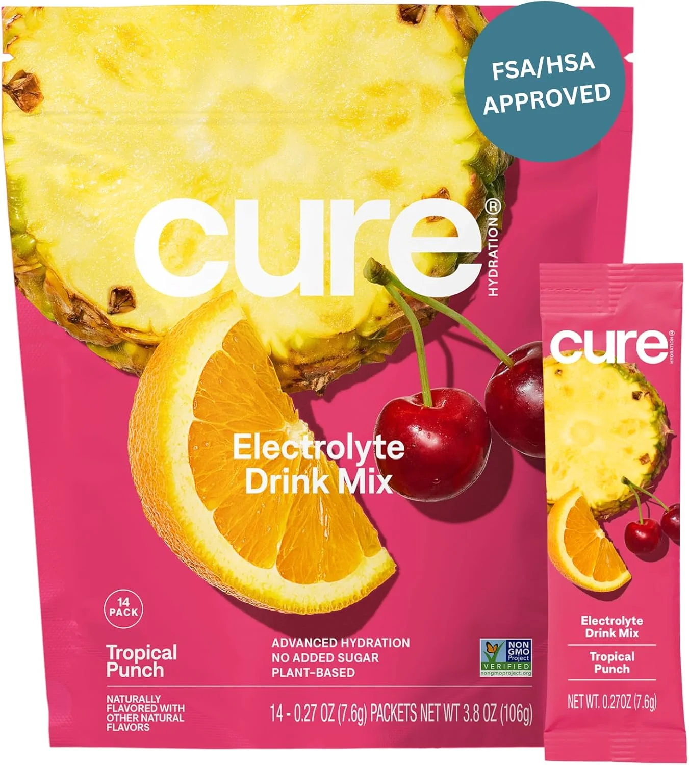 Cure Hydration | Plant-Based Electrolyte Drink Mix | No Added Sugar | FSA-HSA | Dehydration Relief Powder Made with Coconut Water | Non-GMO | Vegan | Pouch of Packets - Tropical Punch