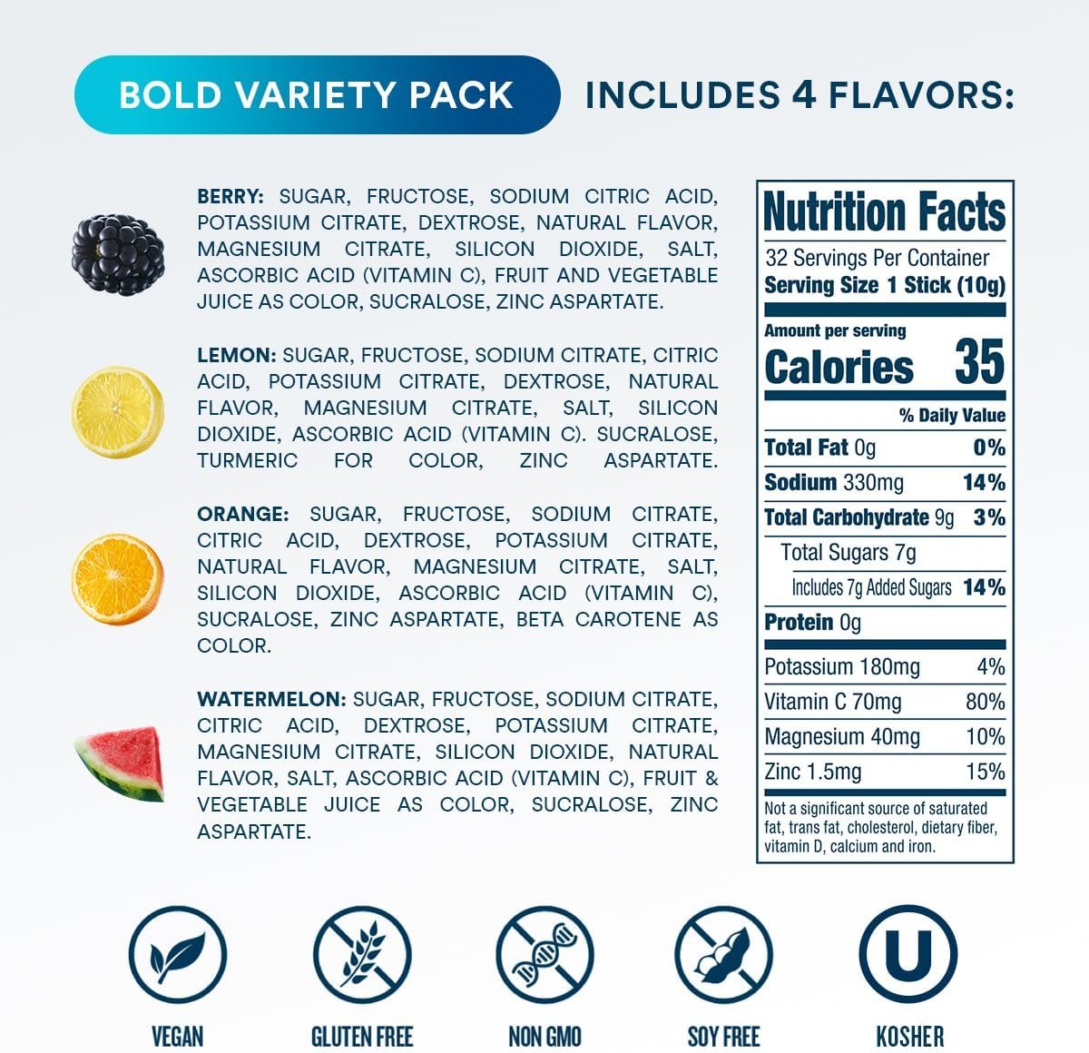 DripDrop Hydration Packets - Bold Variety Pack - Single Serve Electrolytes Powder Drink Mix - Watermelon, Berry, Lemon, Orange - Non-GMO, Gluten Free, Vegan - Sticks DripDrop Hydration Packets - Bold Variety Pack - Single Serve Electrolytes Powder Drink Mix - Watermelon, Berry, Lemon, Orange - Non-GMO, Gluten Free, Vegan - Sticks