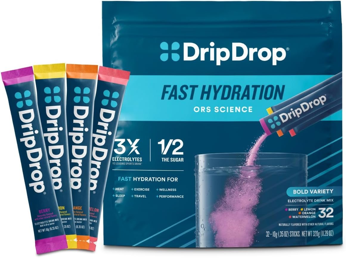 DripDrop Hydration Packets - Bold Variety Pack - Single Serve Electrolytes Powder Drink Mix - Watermelon, Berry, Lemon, Orange - Non-GMO, Gluten Free, Vegan - Sticks DripDrop Hydration Packets - Bold Variety Pack - Single Serve Electrolytes Powder Drink Mix - Watermelon, Berry, Lemon, Orange - Non-GMO, Gluten Free, Vegan - Sticks