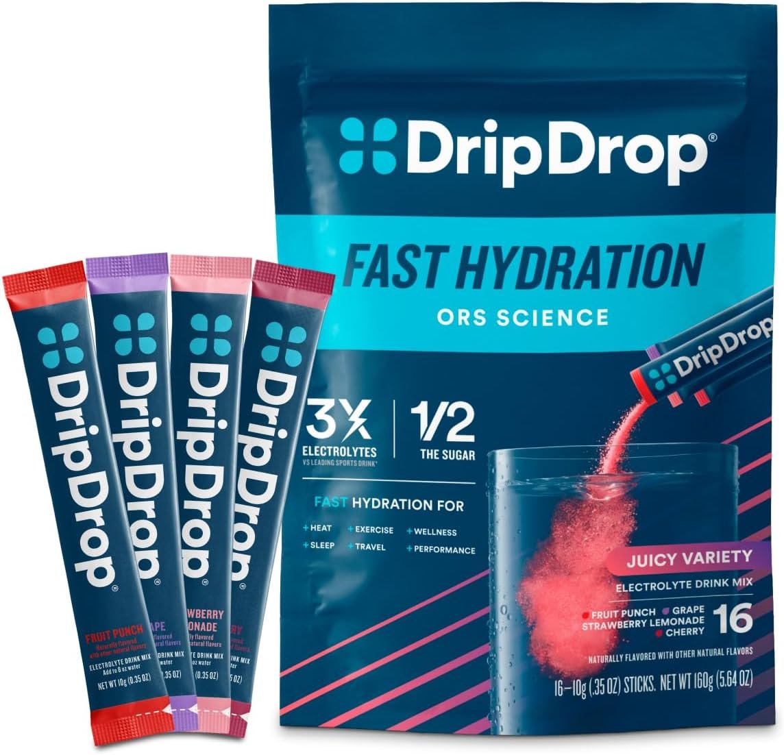 DripDrop Hydration Packets - Juicy Variety Pack - Single Serve Electrolytes Powder Drink Mix - Grape, Fruit Punch, Strawberry Lemonade, Cherry - Non-GMO, Gluten Free, Vegan - Sticks