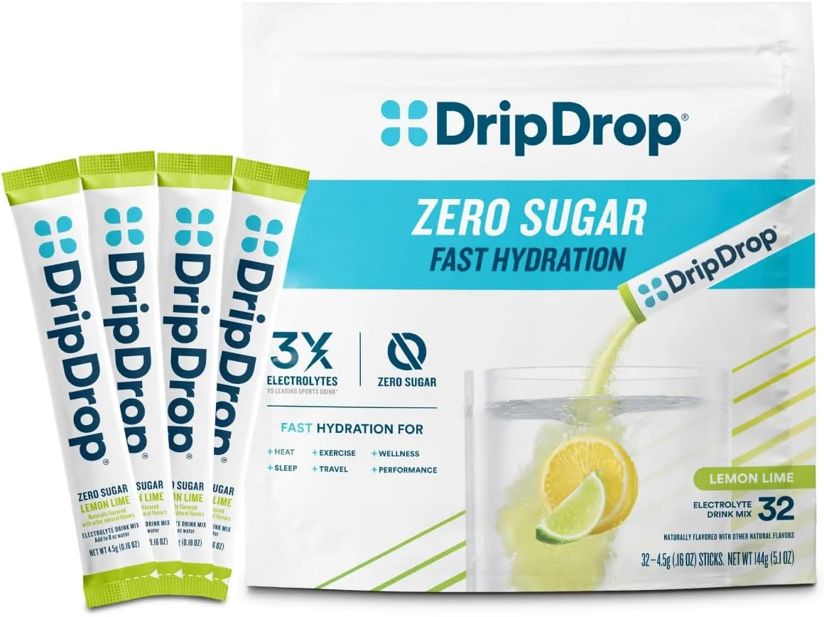 DripDrop Sugar Free Hydration Packets - Zero Lemon Lime - Single Serve Electrolytes Powder Drink Mix - Non-GMO, Gluten Free, Vegan - Sticks