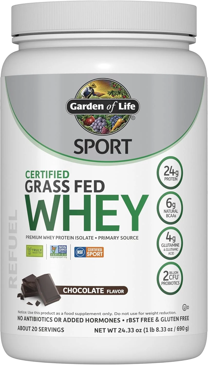Garden of Life SPORT Whey Protein Powder Chocolate, Premium Grass Fed Whey Protein Isolate plus Probiotics for Immune System Health, 24g Protein, Non GMO, Gluten Free, Cold Processed - Servings Garden of Life SPORT Whey Protein Powder Chocolate, Premium Grass Fed Whey Protein Isolate plus Probiotics for Immune System Health, 24g Protein, Non GMO, Gluten Free, Cold Processed - Servings