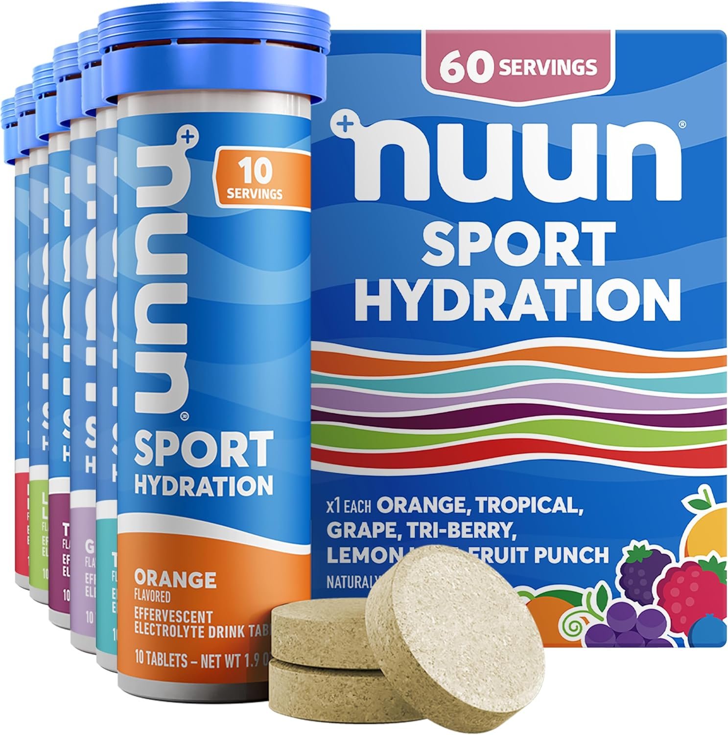 Nuun Sport Electrolyte Tablets with Magnesium, Calcium, Potassium, Chloride  Sodium, Gluten Free  Vegan, Mixed Flavors, Pack (60 Servings Total)