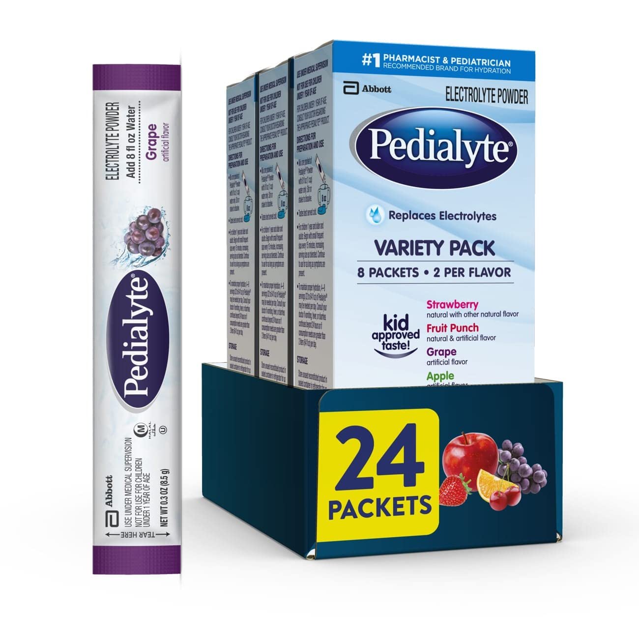 Pedialyte Electrolyte Powder, Hydration Drink for Kids  Adults, Variety Pack: Strawberry, Fruit Punch, Grape, and Apple, Powder Packets
