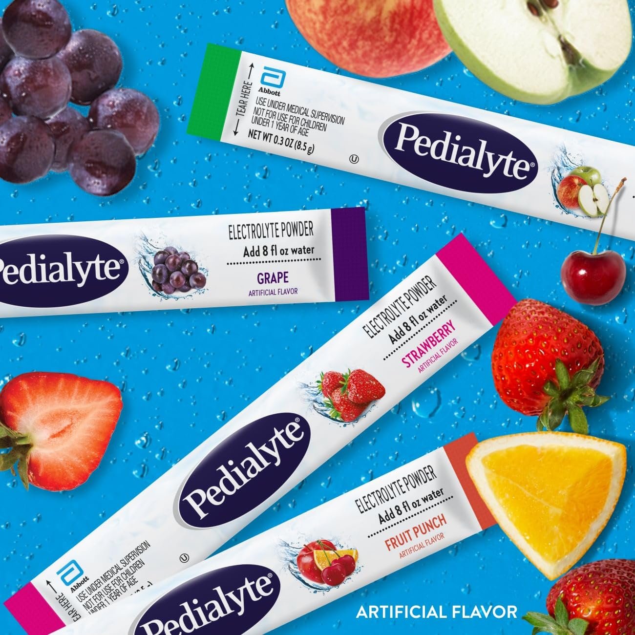 Pedialyte Electrolyte Powder, Hydration Drink for Kids  Adults, Variety Pack: Strawberry, Fruit Punch, Grape, and Apple, Powder Packets