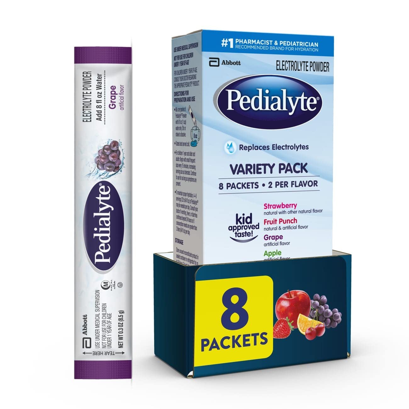Pedialyte Electrolyte Powder, Hydration Drink for Kids  Adults, Variety Pack: Strawberry, Fruit Punch, Grape, and Apple, Powder Packets